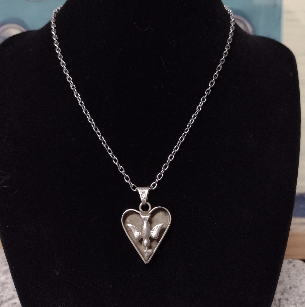 Silver Heart Pendant Necklace with Dove Accent - Women Jewelry